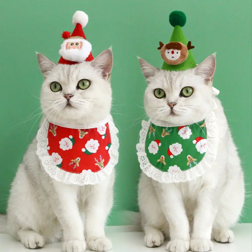 Pet cat dog cartoon  Santa Claus Elk red green hat headdress lace necklace