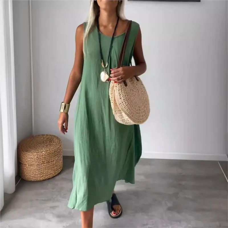 Summer Dress Casual Loose Long Dress Women's Cotton Linen Pocket Long Sleeveless Dress Women's Summer Pullover Dress