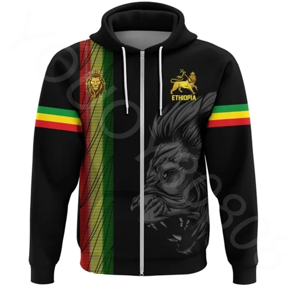 2022 Africa Region Men\'s Flag Zip Cardigan Hoodie Casual Men\'s Sweatshirt Loose Ethiopian United Zip Hoodie