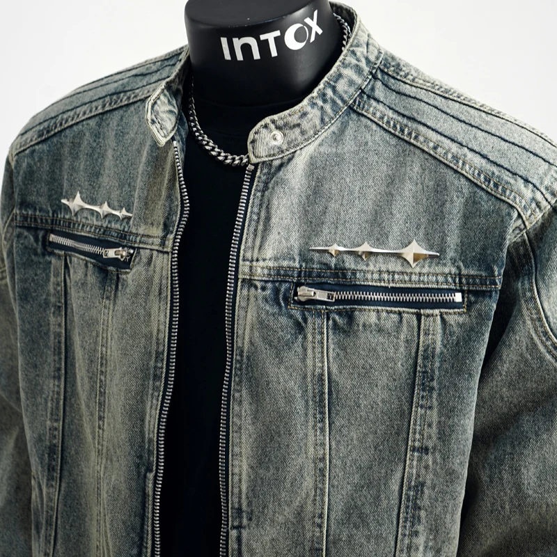 High Street Fashion Men Jacket Zipper Designer Retro Blue Stand Collar Bomber Jacket Men Biker Denim Coats Y2K Hip Hop Chaquetas