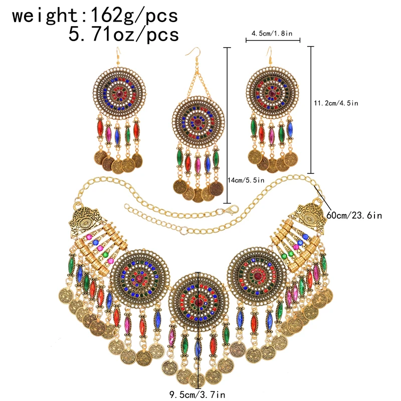 3PC Indian Afghan Jewerly Sets for Women Boho Ethnic Hairbands Necklace Earrings Coins Tassels Vintage Colorful Crystal Drop