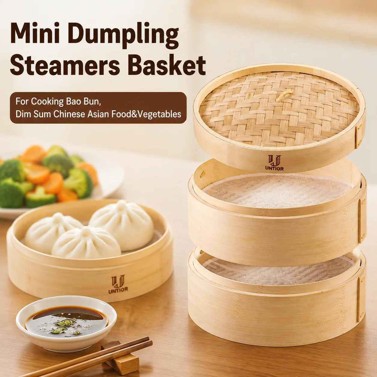 New 2-Tier Bamboo Steamer with Reusable Cotton Liners Multi-use Dumpling Steamer Food Steamer for Cooking Vegetables Fish Meat