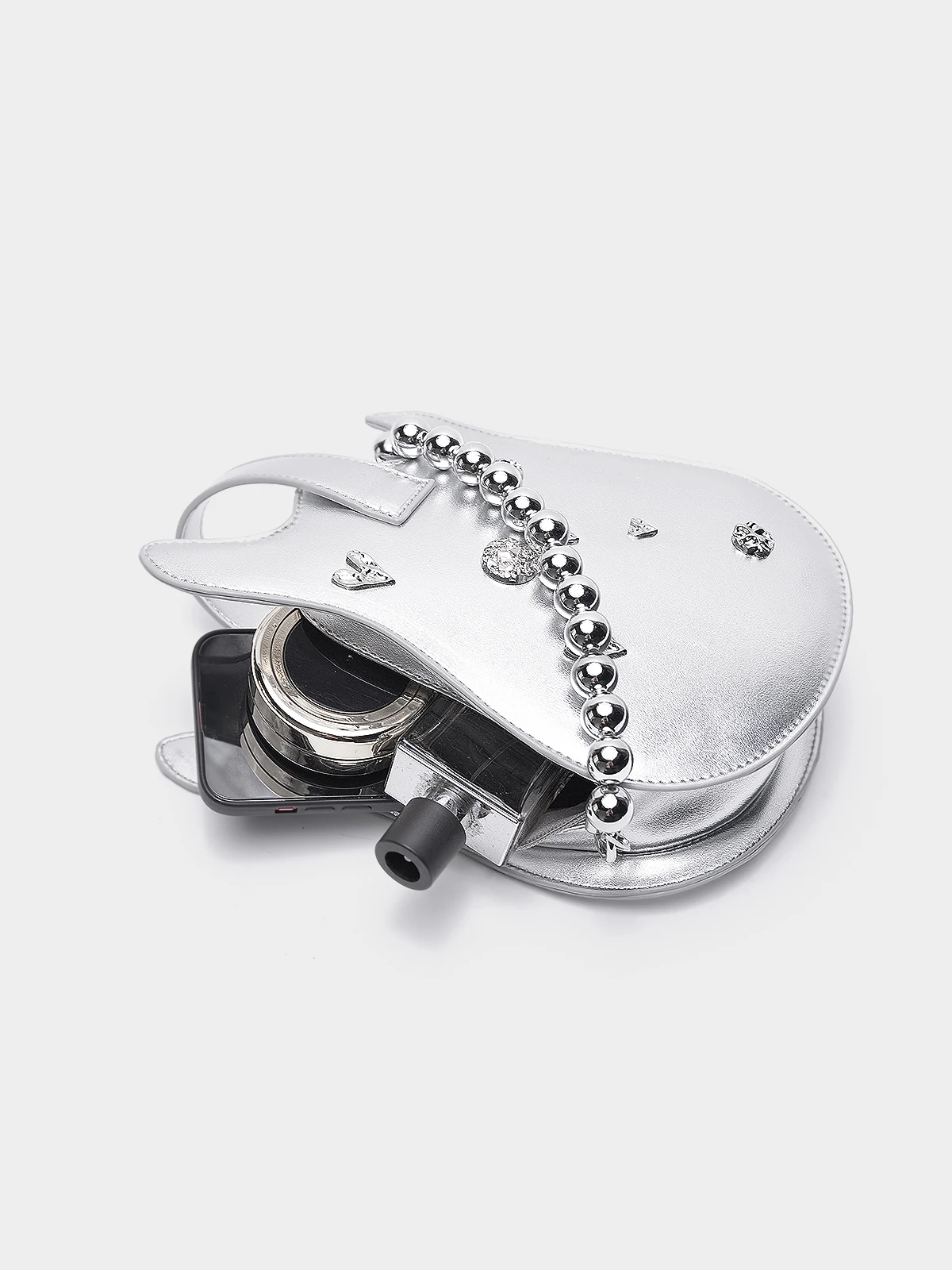 Original Metal Chain Bead Rivet Crossbody Mini Backpack Instrument Guitar Bag Heart-shaped Sparkling Diamond School Backpack
