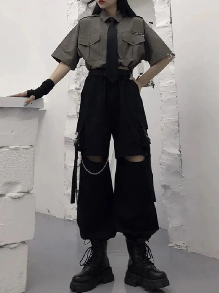 HOUZHOU Gothic Streetwear Women\'s Cargo Pants with Chain Punk Techwear Black Oversize Korean Fashion Wide Leg Trousers 2021 Alt