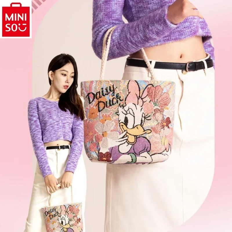 

MINISO Disney Vintage Embroidered Cartoon Minnie Printed Student Handbag Sweet Versatile Women's Shoulder Bag