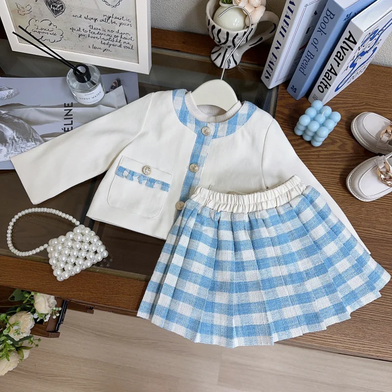 

Children's Fashion Set Dress New Spring and Autumn Girls' Stylish Jacket Blue and White Plaid Short Skirt Two-Piece Set