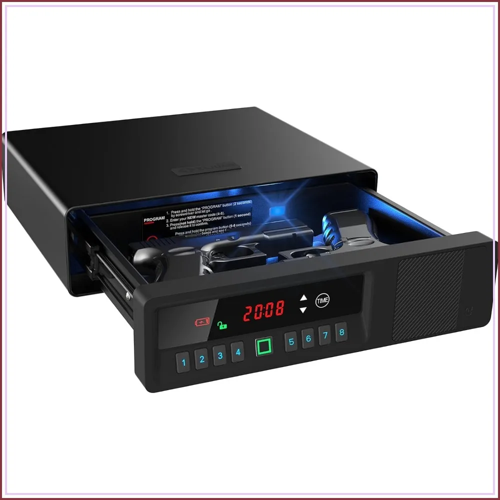 

Quick Access Gun Drawer Safe with LCD Display - Temp, Humidity, Time, Low Battery Warning, Unlock State for Nightstand