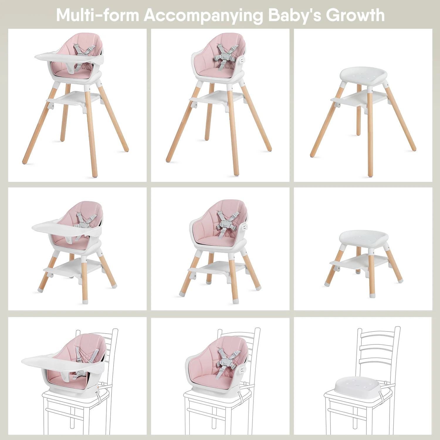 Hot sell wooden baby feeding high growth chair Adjustable multi-functional luxury baby dining chair manufacturer cheap