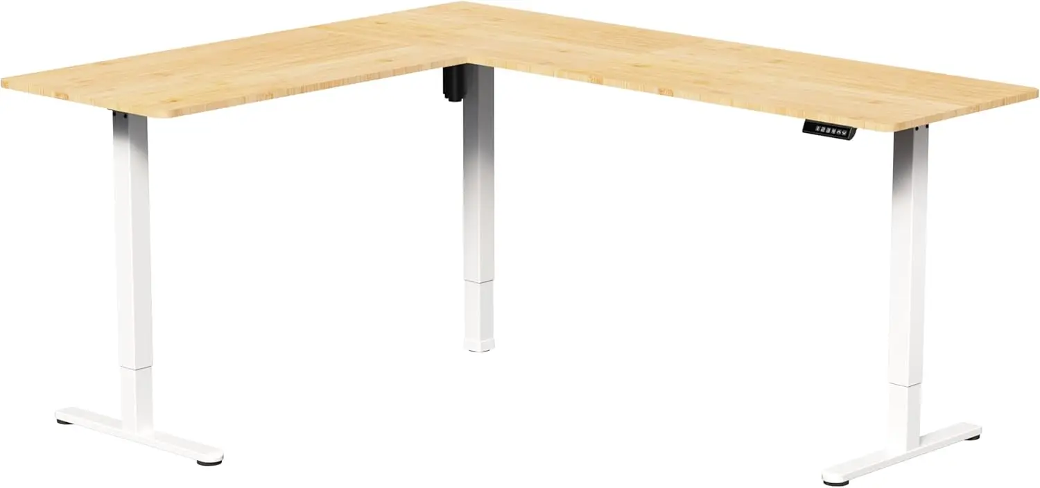 

Electric L-shaped 75 x 63 inch standing bamboo table with adjustable height, memory controller, white frame