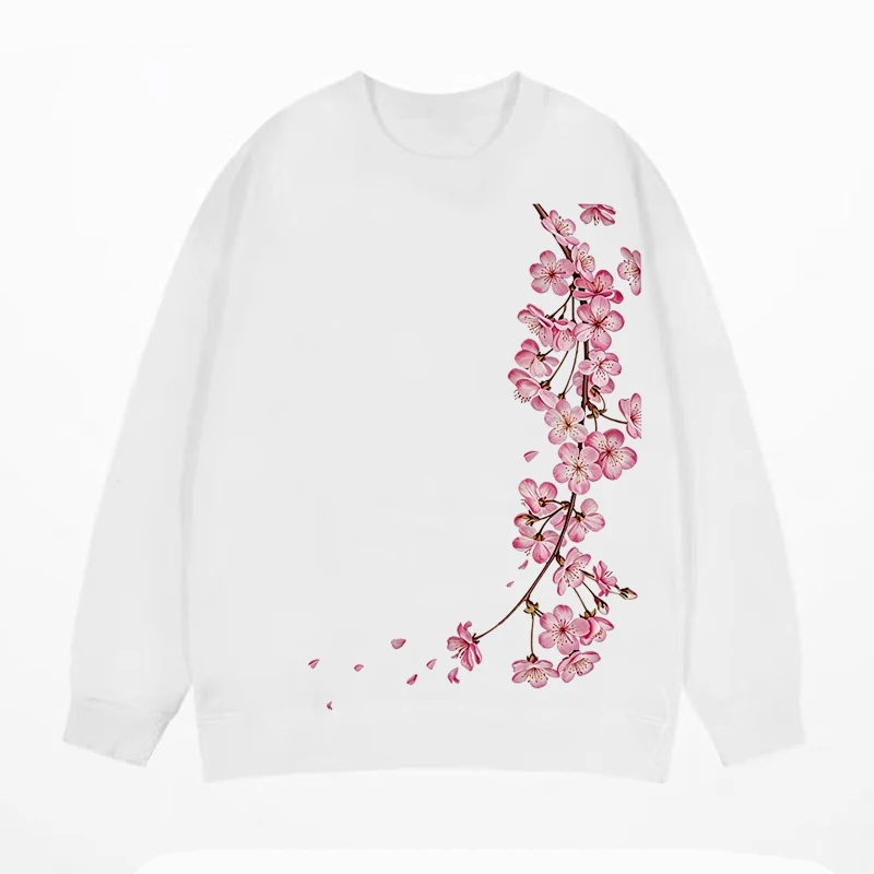 Sweet Blossom Print White Crewneck Sweatshirt for Women Casual Long Sleeve Loose Fit Pullover Streetwear Fashion Punk Autumn Y2K