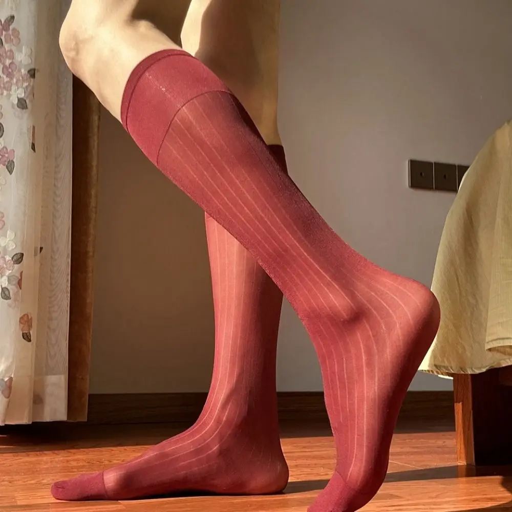 Sheer Men Thin Dress Tube Socks Translucent Middle Tube Solid Color Business Stockings Hosiery Mid-calf Wide Striped Silk Socks