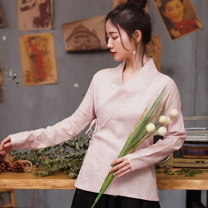 

Китайская традиционная женская хлопково-льняная рубашка Hanfu, блузка, винтажная женская однотонная рубашка в восточном стиле Hanfu, нижняя рубашка для выступлений на сцене