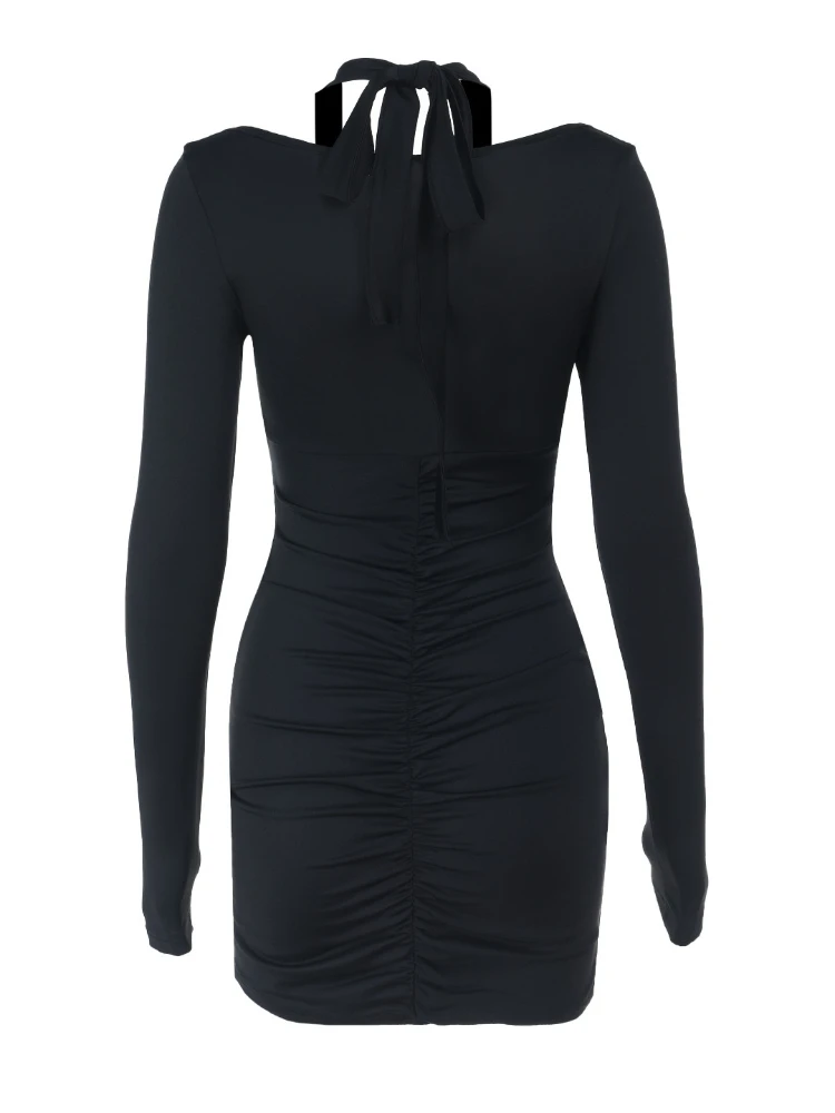 SsTss Women Fashion Halter Neck Long Sleeve Mini Dress Solid Low Cut Metal Button Detail Hollow Out Ruched Bodycon Sexy Dress