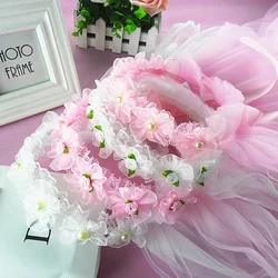Girls First Communion Veil Pink White Flower Headband with Bow Wreath Crown Birthday Gift Party Wedding Holiday