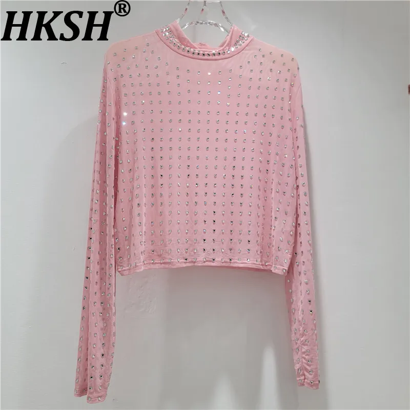

HKSH T-shirt For Women Autumn New Long Sleeve Stand Collar Mesh Studded Diamonds Tee Chic Streetwear Elegant Casual Tops HK10866