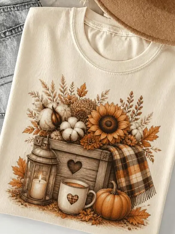 Cottagecore Fall Shirt Women Autumn Sunflower Pumpkin Print Tee Vintage Thanksgiving Graphic T Shirts Casual Cream Short Sleeve Top