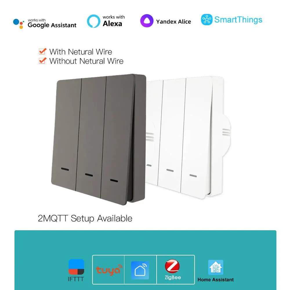 Moes Smart Light Switch Tuya ZigBee With/NO Neutral Wire Light Switch 2 CH Smart Home Smart Life APP Control Alexa Google YANDEX