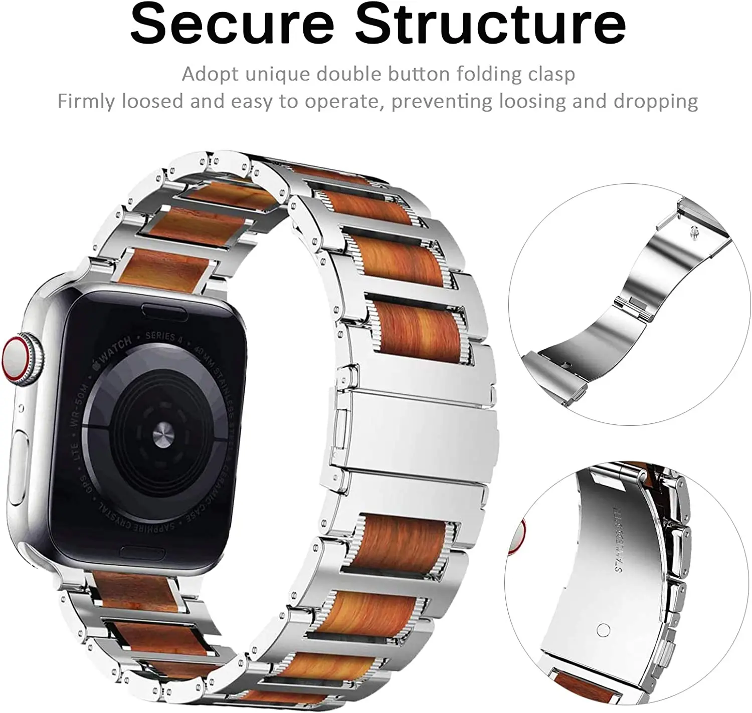 Red Sandal Wood+Stainless Steel Bracelet For Apple Wath band 45mm 44mm 46mm 41mm Strap For Apple watch SE 10 9 Ultra 1 2 49mm