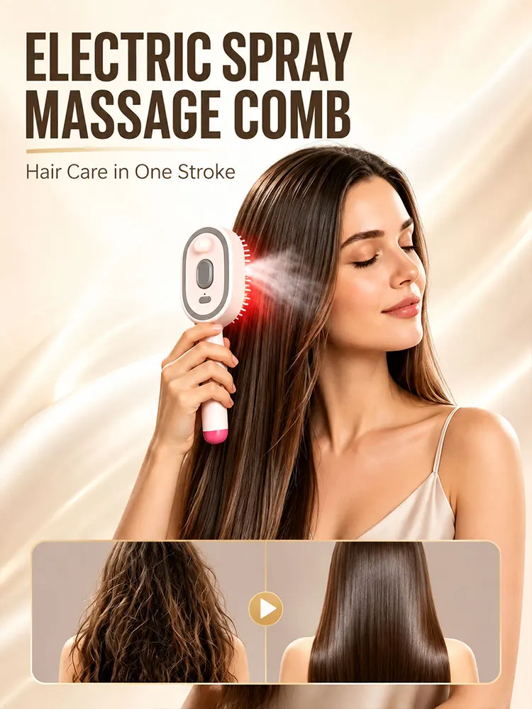 Multifunctional electric scalp massage comb anti-frizz spray smoothing hair brush suitable for home and outdoor travel