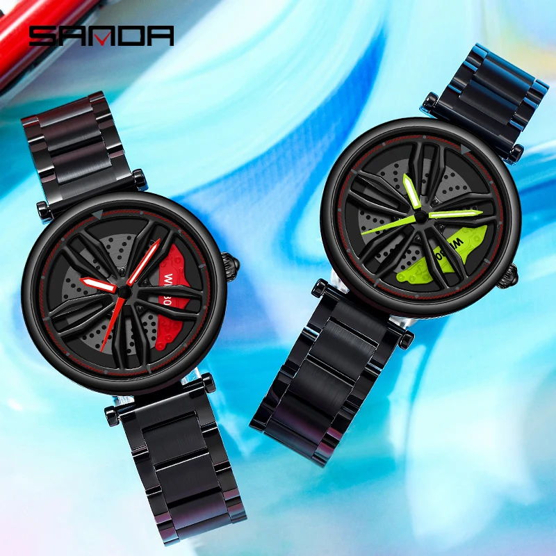 SANDA-reloj deportivo de acero inoxidable para mujer, cronógrafo de pulsera con llanta de coche, resistente al agua hasta 50M, nuevo diseño, 1074