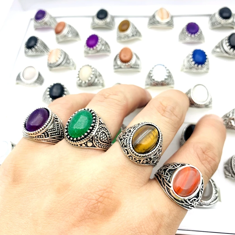 Wholesale 20PCS/Lot Retro Rings For Men Women Natural Stone Silver Plated Fashion Jewelry Accessories