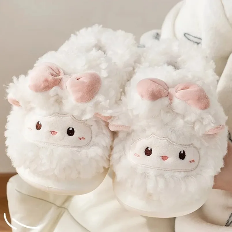 

House Fuzzy Slipper Womens Sheep Lamb flip flops Winter Warm Cartoon Kawaii Animal Plush Indoor Home Shoes Flat Female slides