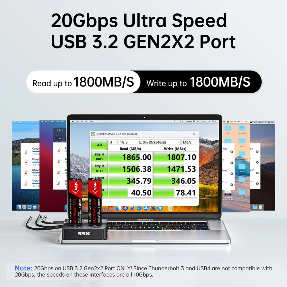 SSK NVMe SSD Cloner Dual-Bay M.2 NVME SSD Enclosure Tool-Free Type-C 20Gbps Hdd Docking Station Supports Offline Clone for PC