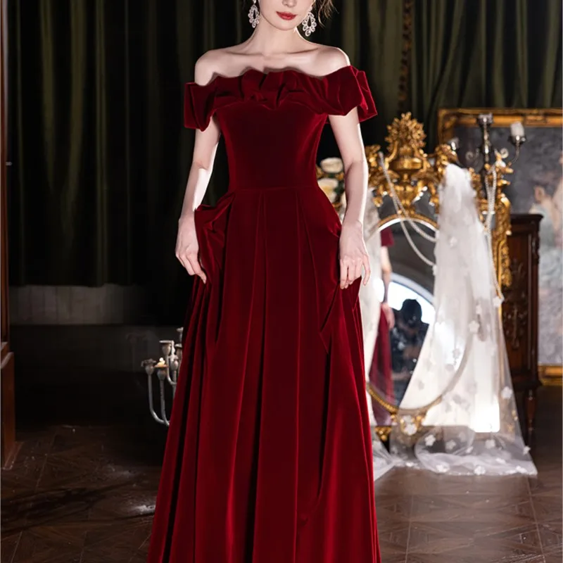 One line shoulder velvet toasting wine red long sense banquet atmospheric dress