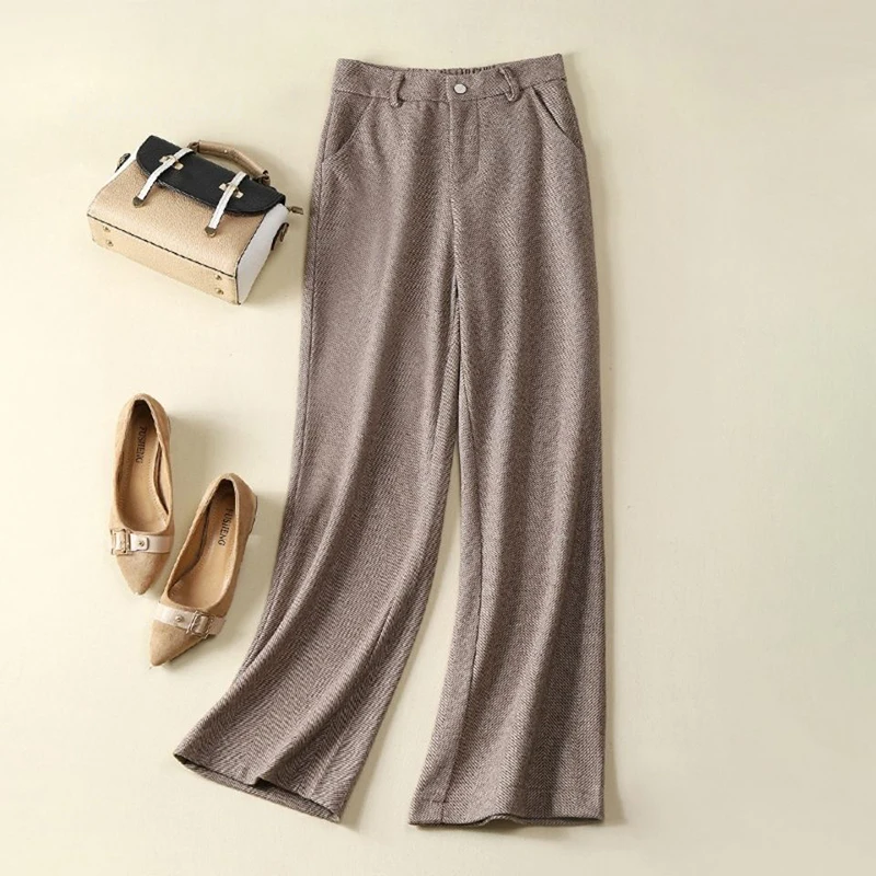 

Herringbone High Sense Thick Wool Straight Pants High Waist Small Wide Leg Women's Pants 2023 Autumn and Winter Tide