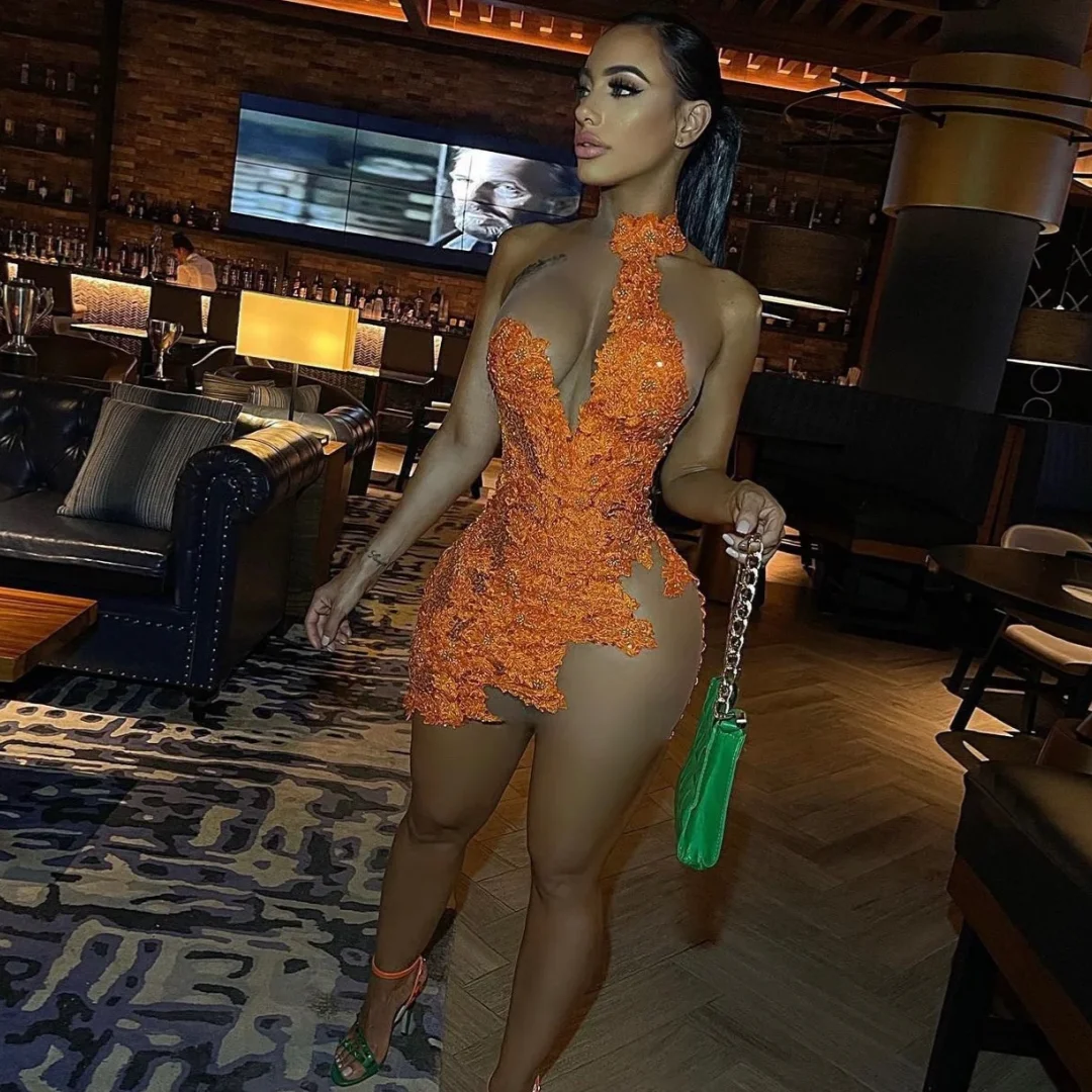 

Orange Lace Short Prom Dresses Black Girls Halter Birthday Party Dresses African Mini Cocktail Dresses Homecoming Customized