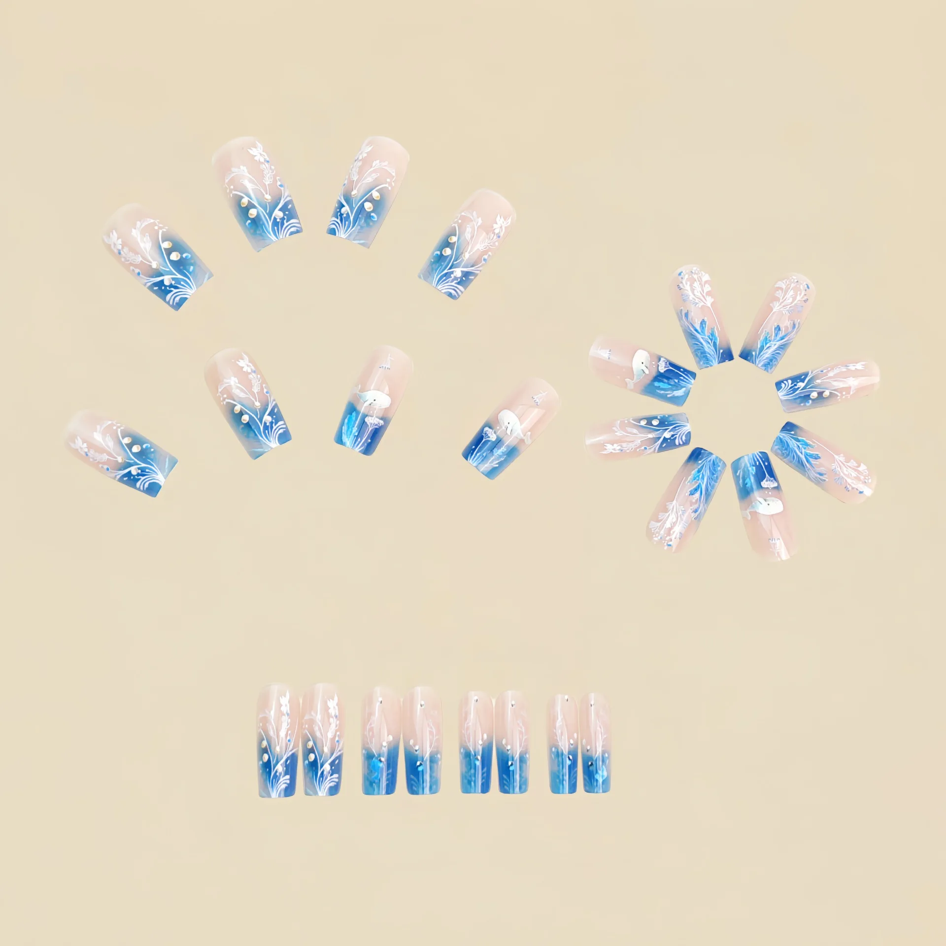 متوسطة طويلة الأظافر وهمية التدرج الأزرق اضغط على الأظافر المحيط الأسماك خطط المياه قنديل البحر الزهور اضغط على أظافر صناعية الفن ملصق 24 #4