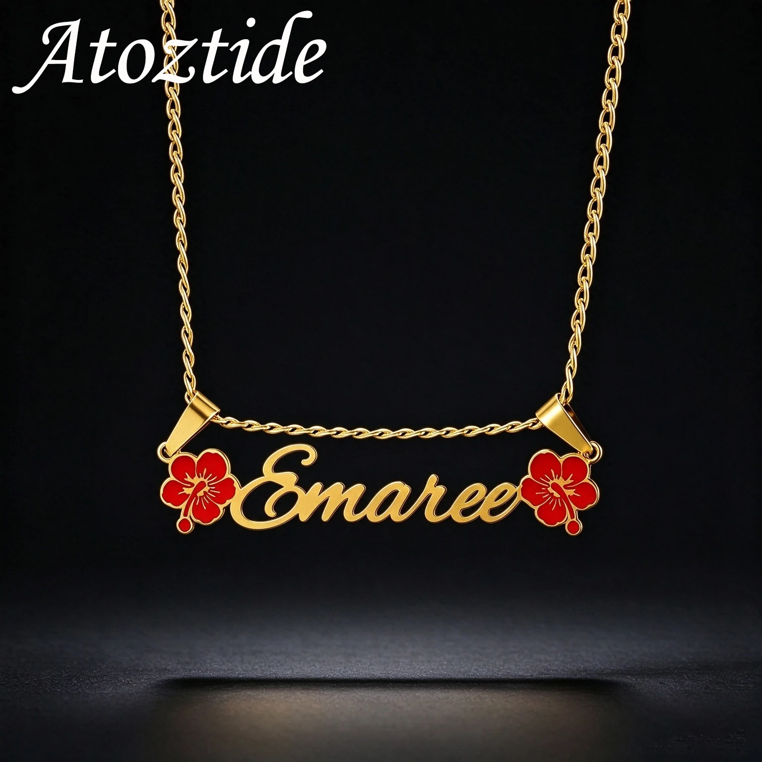 Atoztide Custom Name Necklace for Women UV Printing Color Flowers Stainless Steel Jewerly Choker Personalized Christmas Gift