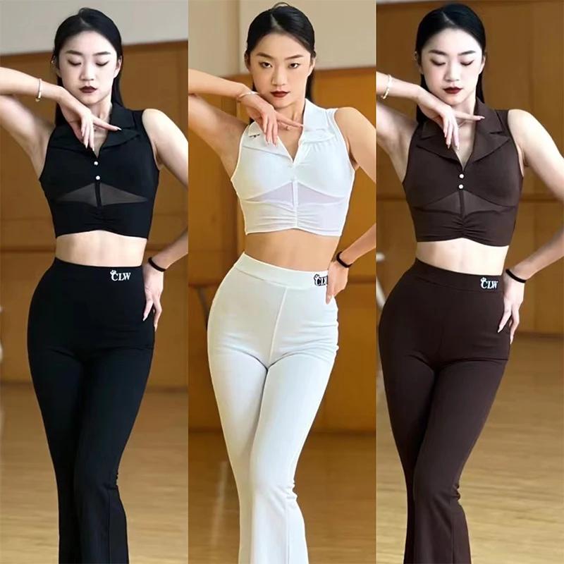 

Latin Dance Clothes Women V Neck Short Tops High Waist Pants Cha Cha Ballroom Dance Practice Wear Adult Training Wear DNV18776