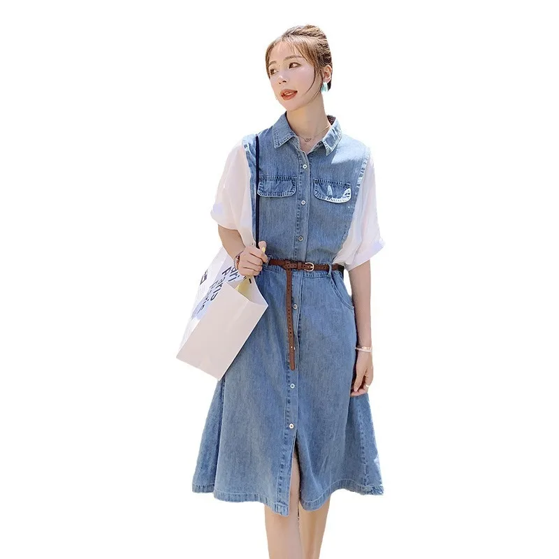 

Loose Fitting Denim Dress, Women's Waistband Patchwork Shirt Skirt Women Dress