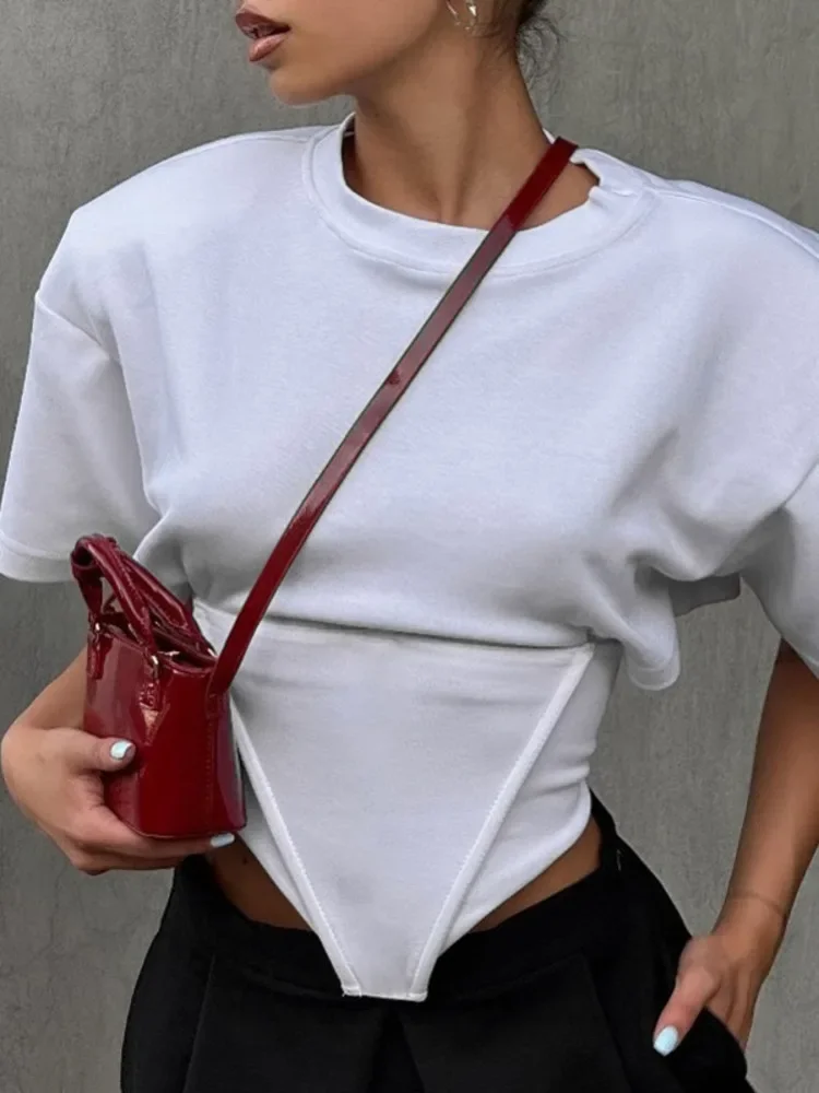 

Fashion Short Sleeve Sexy T-shirt Women Elegant Solid O Neck Backless Lace-up T-shirts Female High Waist Tees Female