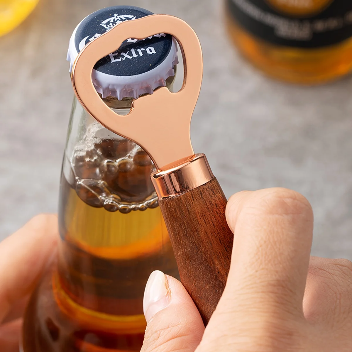 1pc Solid Wood Acacia Beer Bottle Opener | Rose Golden Vertical Wine Corkscrew | Stainless Steel Household