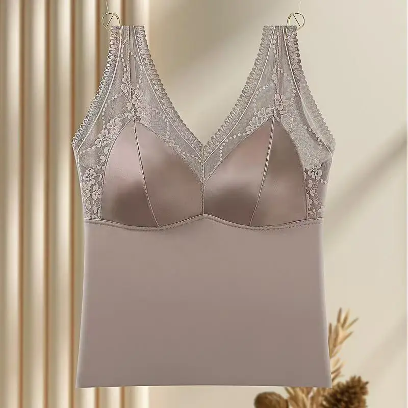 

Stretchy Lace Panel Padded Camisole Seamless Anti-Exposure Side Bust Control Slim Fit Comfortable for Layering Or Wearing