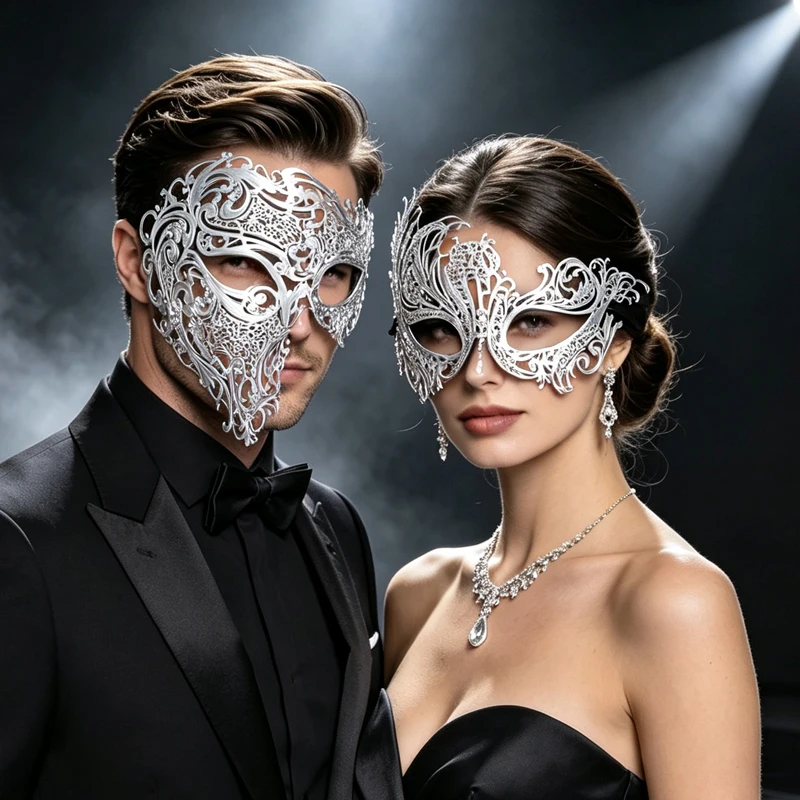 2pcs Venetian Couple Masquerade Mask Set Metal Hollow Filigree Rhinestone Mask for Men Women Halloween Wedding Party Costume
