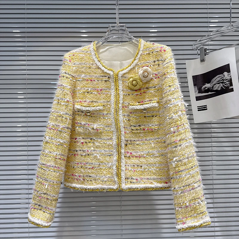 

Новая короткая твидовая куртка в стиле «Маленький аромат» для женщин: элегантная, с контрастными цветами, круглым вырезом, для офиса и повседневной носки