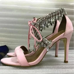 Dazzling Crystal Tassel Sandals Strap Suede Women Summer Shoes Crossed Diamond Pendant Side Stiletto Mujer Party 8/10cm Pumps