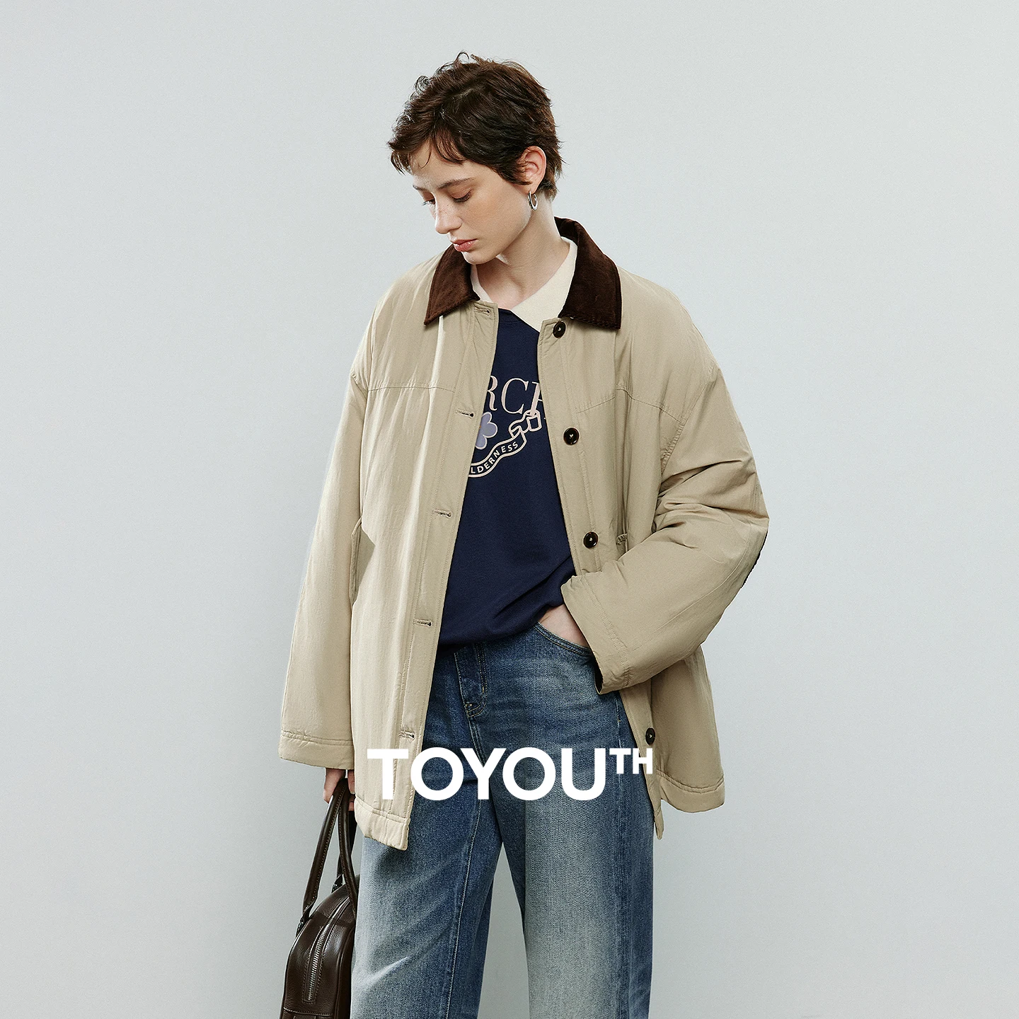 

TOYOUTH Women Cotton Jacket 2025 Winter New Barn Style Corduroy Collar Contrast Splicing Snap Button Casual Warm Coat