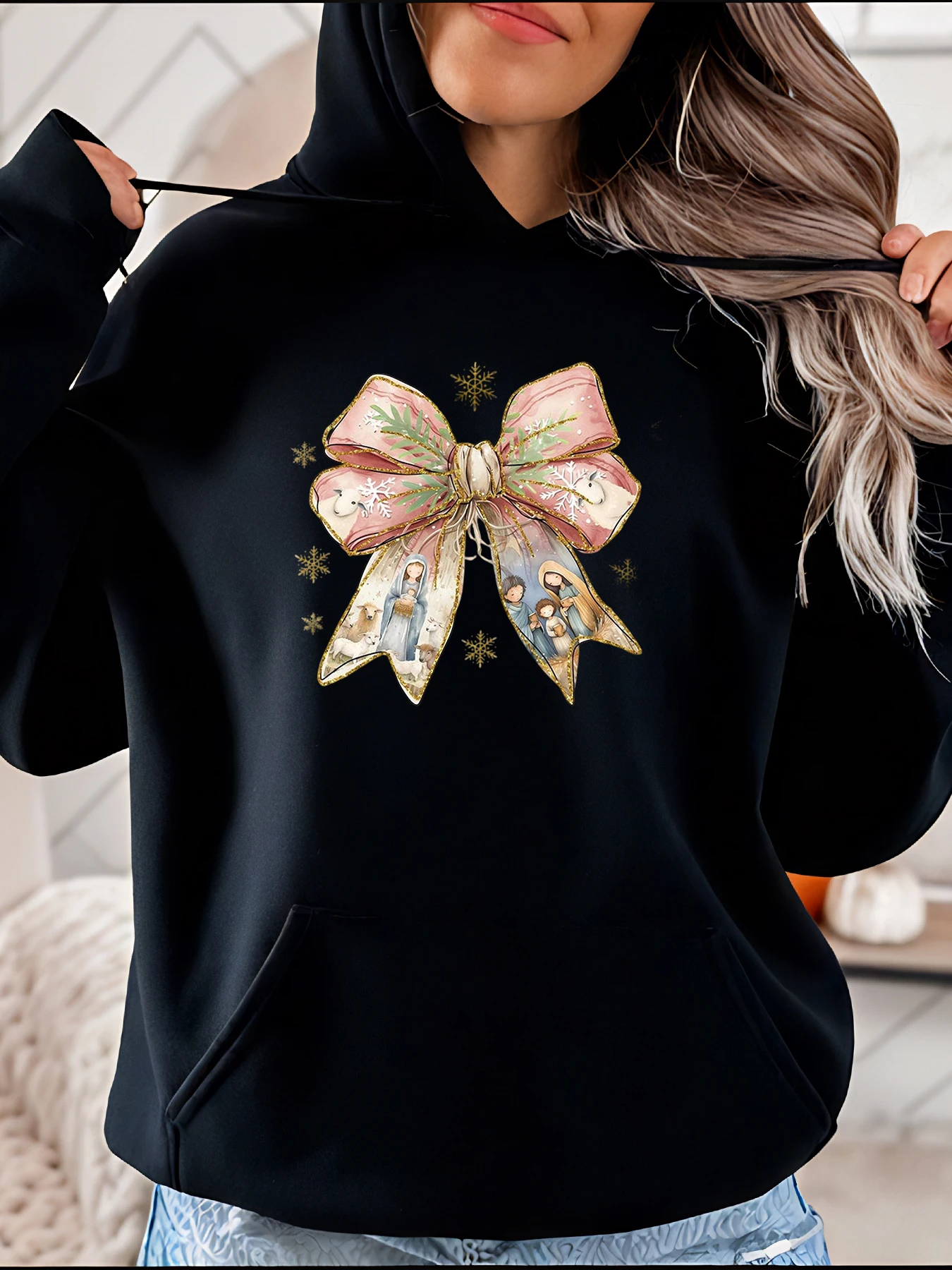 

Рождественская толстовка с религиозным бантом и принтом, женская повседневная праздничная толстовка для зимней моды