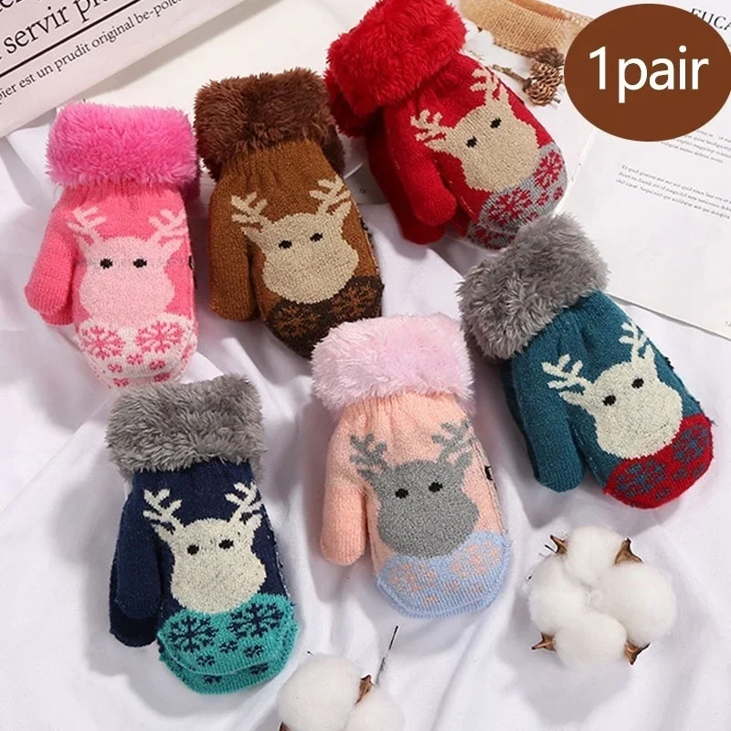 Autumn & Winter Full-Finger Warm Gloves for Primary School Kids（2-7 Years） Faux Rabbit Fur Christmas Deer Pattern Cold-Resistant