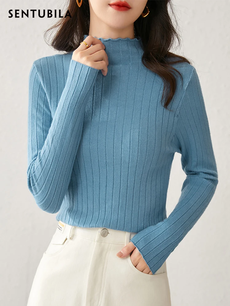 SENTUBILA Women Mock Neck Knit Sweater 2024 Spring Fashion Pullover Slim Long Sleeve Tops Female Basic Jumper Knitwear W21H40743