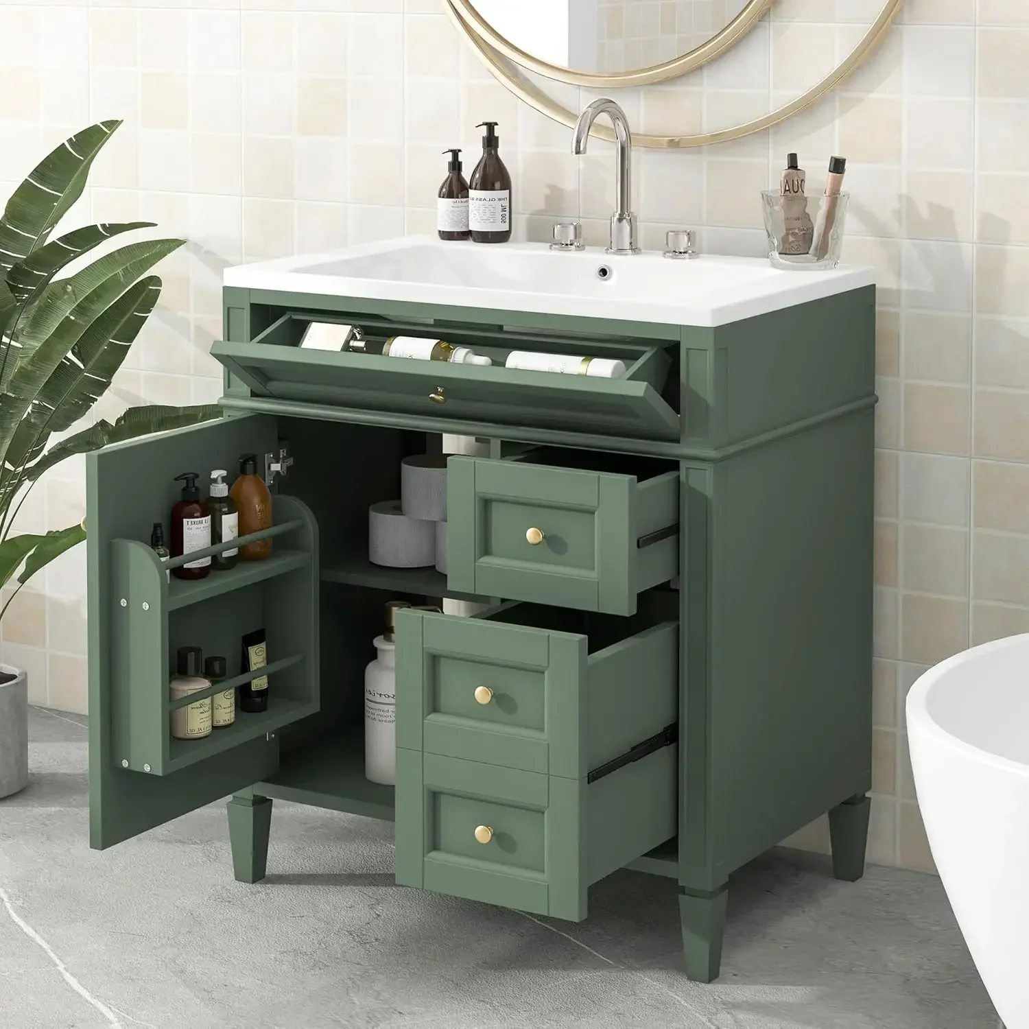 

30" Bathroom Vanity Sink Modern Single Door 2 Drawers Tip-Out Drawer Solid Wood Frame Storage Cabinet, Customized