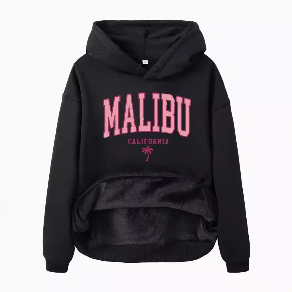 Sudadera de manga larga con capucha para mujer, Top con forro polar y estampado MALIBU, estilo europeo y americano para Otoño e Invierno