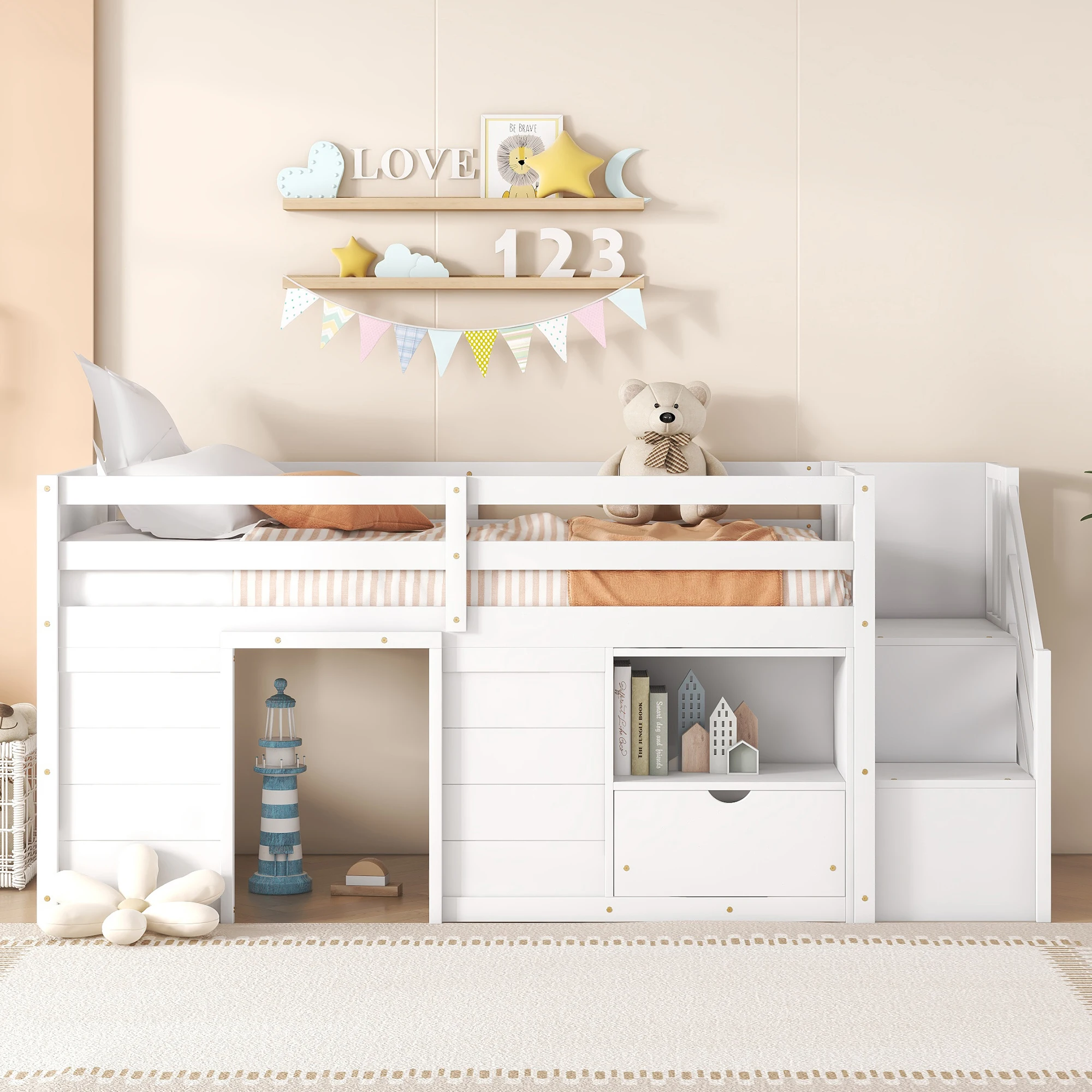 

White Solid Wood Twin Low Loft Bed with Stair, Drawer and Shelf,for Kids Room,Easy Assembly