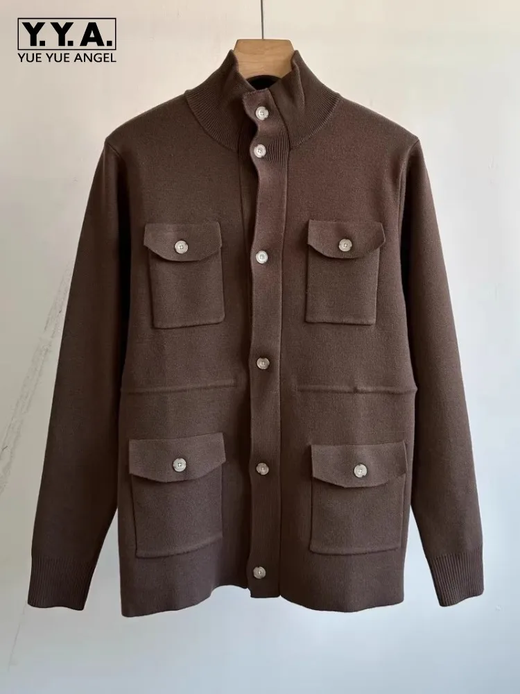 

Autumn Winter Vintage Mens Knitted Cardigan Stand Collar Business Casual Sweater Multiple Pockets Solid Single Breasted Knitwear