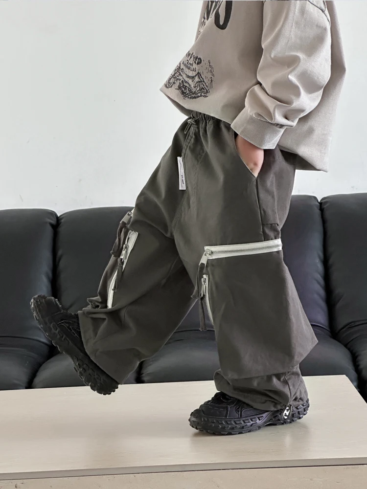 Children's pants 2024 spring boys new zip-up cargo pants in children's chic pocket casual pants