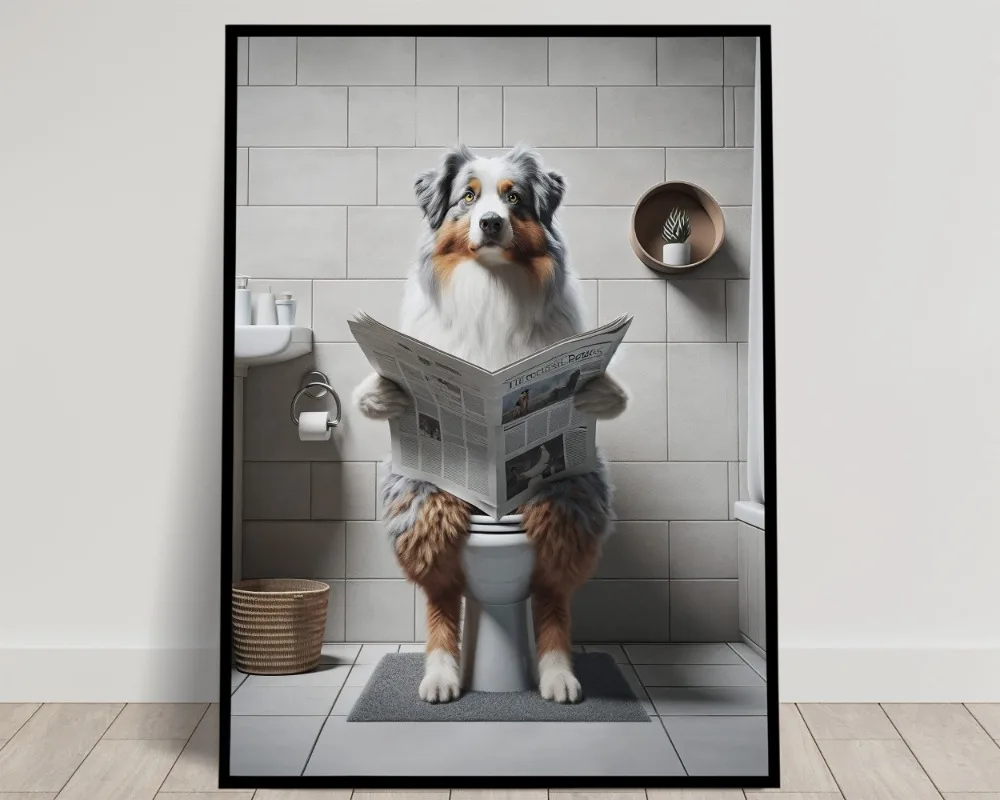 Doberman Shepherd Golden Retriever Reading The Newspaper on The Toilet, Funny Bathroom Canvas Painting Wall Prints Home Decor